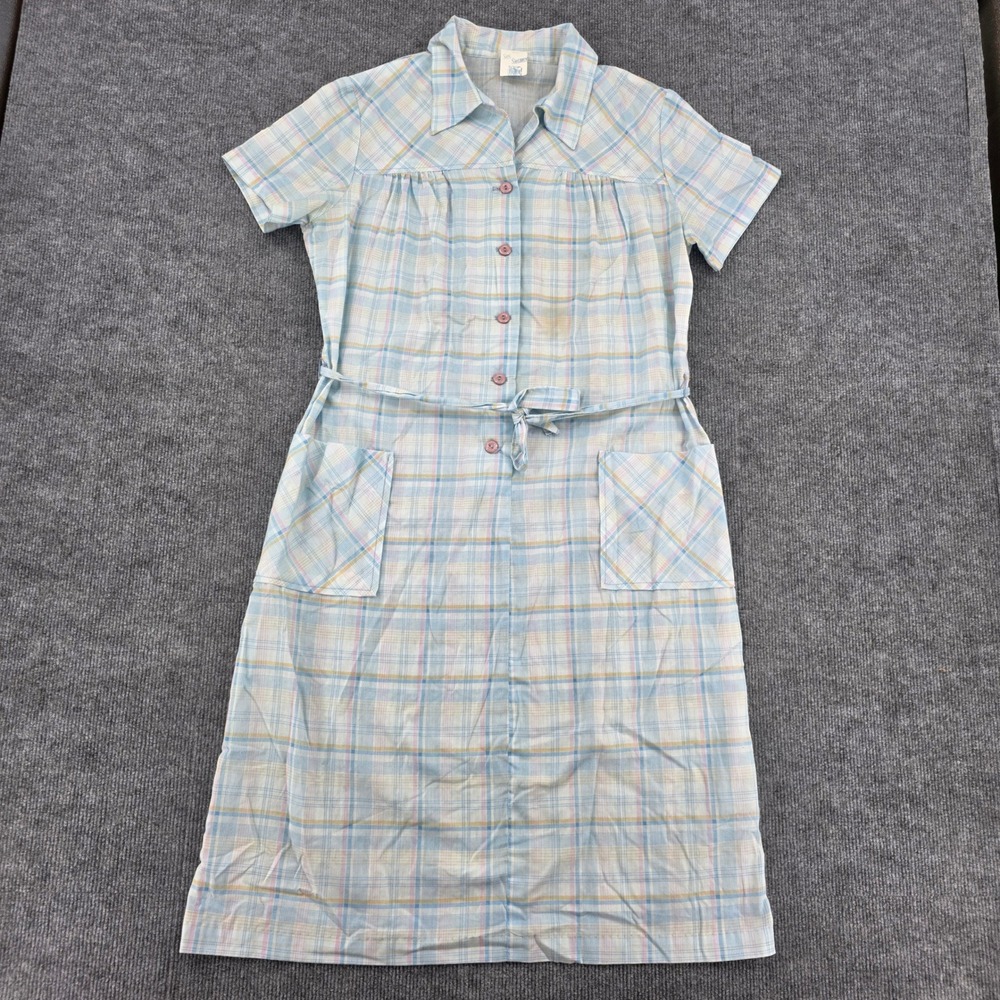 Vintage Sue Sherry Pastel Plaid Button Front House Dress Pockets Size 16 USA